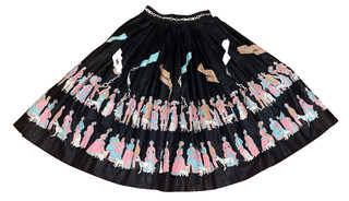 '50s CIRCLE SKIRT w/ DOG SHOW People Black Turquoise Pink Novelty Print PRENTISS