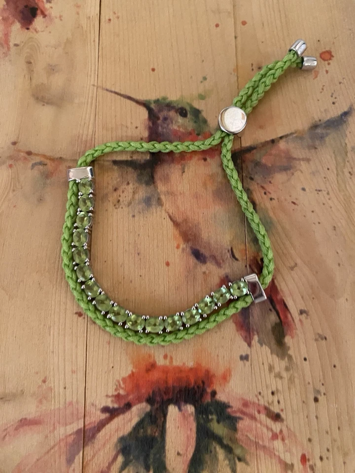 Faceted Peridot Stone 925 Sterling Silver Bolo Slide Tennis Bracelet Woven Cord - Image 3 of 4