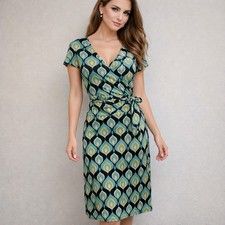 Vintage 90s Y2K Dressbarn Turquoise Leaf Print Faux Wrap Tea Length Dress Size 8