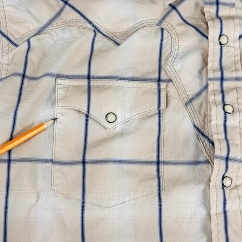 Stetson Shirt Mens XL Blue Tan Plaid Window Pearl Snap Cowboy Western Pockets - Picture 12 of 15