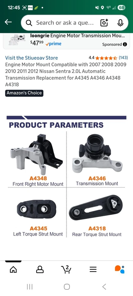 Soporte de motor y transmisión 4 piezas para Nissan Sentra 2007-2012 L4 2,0 L automático Foto 2 de 4