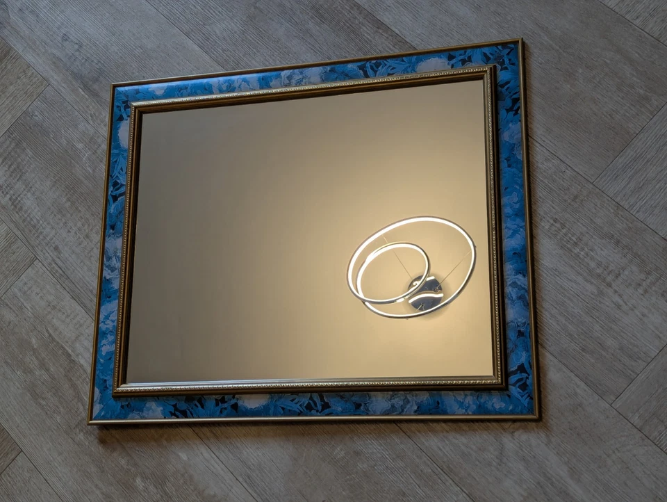 Vintage Wall Mirror Blue Floral and Gold Framed MCM  - Image 3 of 4