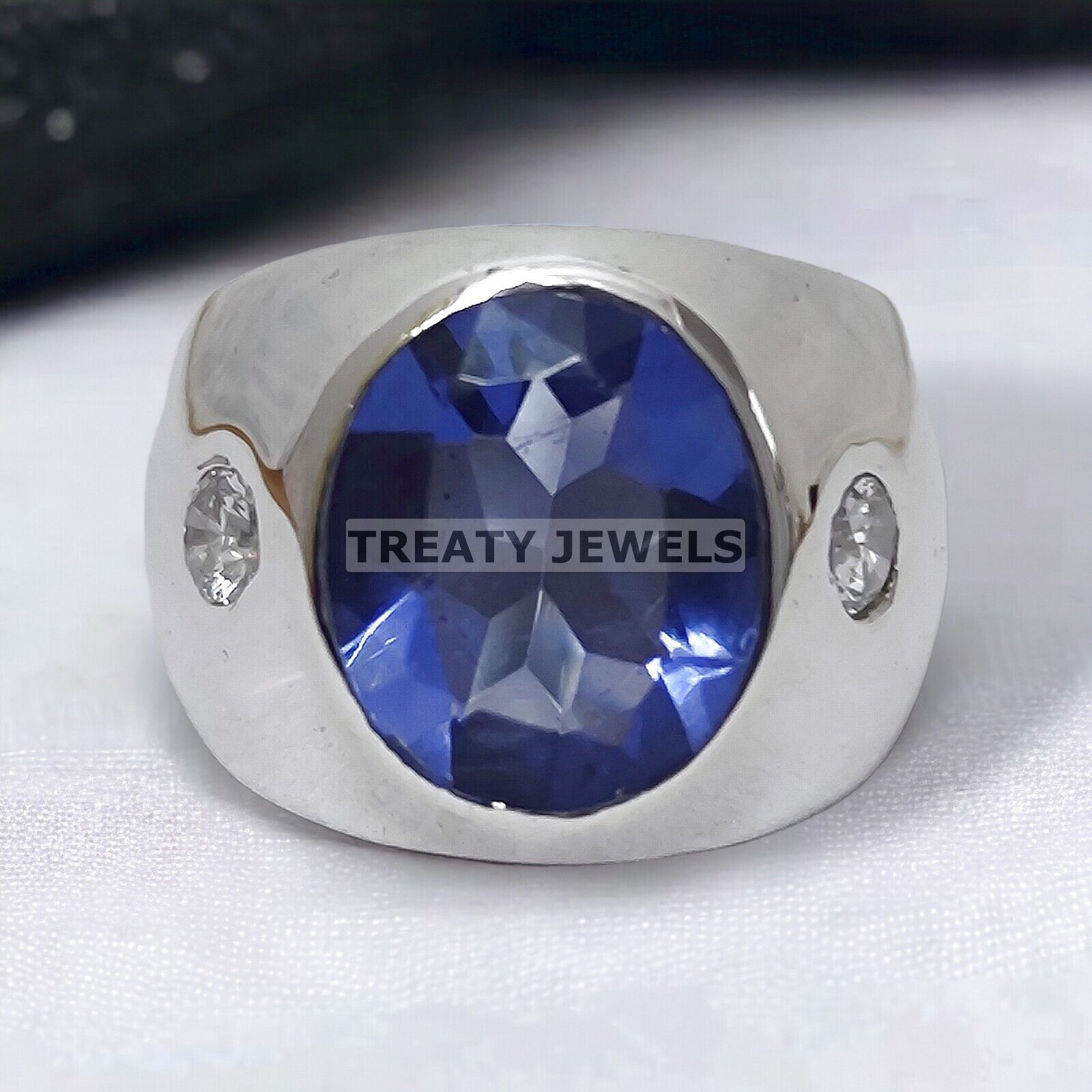 Blue Sapphire Oval Cut Gemstone With 925 Sterling Silver Ring For Men's #351