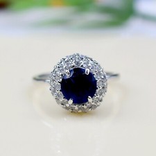 Sapphire Halo Ring 925 Sterling Silver Round Blue Gemstone Engagement Ring