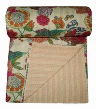 Indian Handmade Floral Kantha Quilt Reversible Bedspread Single Cotton Coverlet
