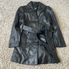 Tahari Womens Leather Belted Black Coat Pxs $550