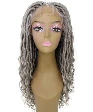 LUXLUXE Andrea 4x4 Curly Long 4X4 Hand Tied Lace Braid Grey Wig