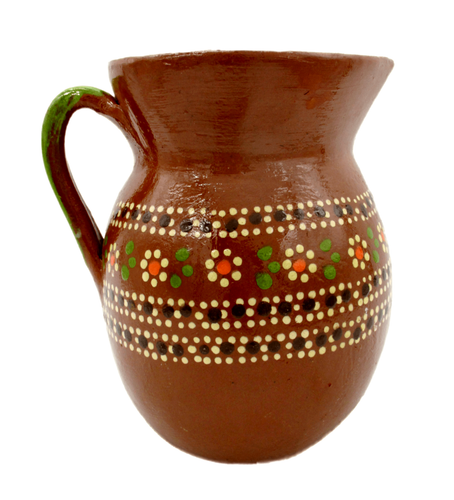 mexican handmade redware pottery natural terracotta clay water hot chocolate horchada handled pitcher floral dot pattern rustic primitive southwest kitchen vessel decor