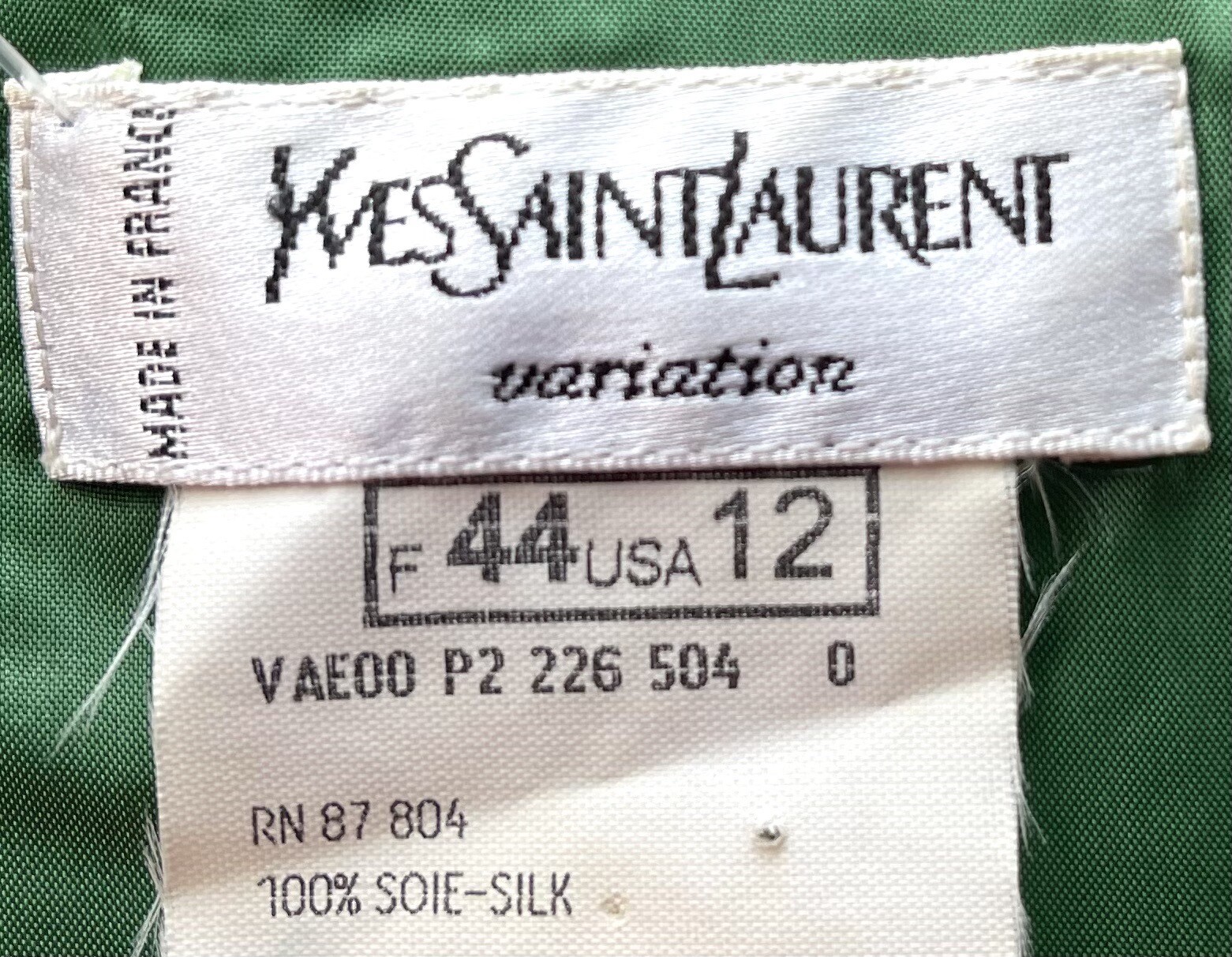 ABITO VINTAGE YVES SAINT LAURENT VARIAZIONE LUNGHEZZA GINOCCHIO 100% VERDE SETA TAGLIA UK14