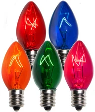 25 C7 Multi Color Incandescent Christmas Light Bulbs 5 Watt Transparent E12 Base