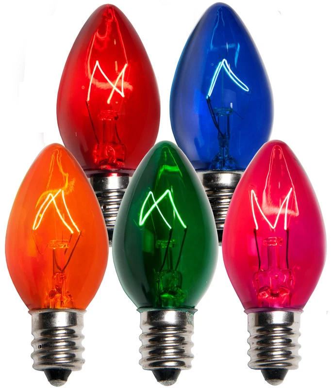 HOLIDAY LIGHT DEPOT 25 C7 Multi Color Incandescent Christmas Light Bulbs 5 Watt Transparent E12 Base