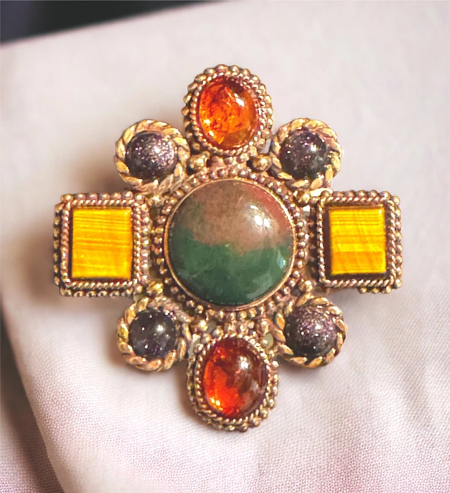 STEPHEN DWECK LATÓN PIEDRA DE SANGRE CABINA OJO DE TIGRE ÁMBAR PIEDRA DECLARACIÓN CELTA Foto 2 de 4