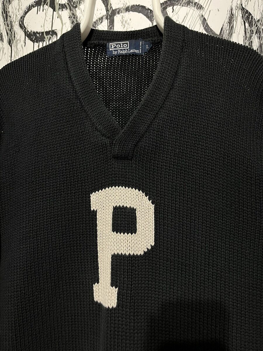 Vintage Sweater Polo Ralph Lauren Big P Logo Cotton V-Neck Large Black 092