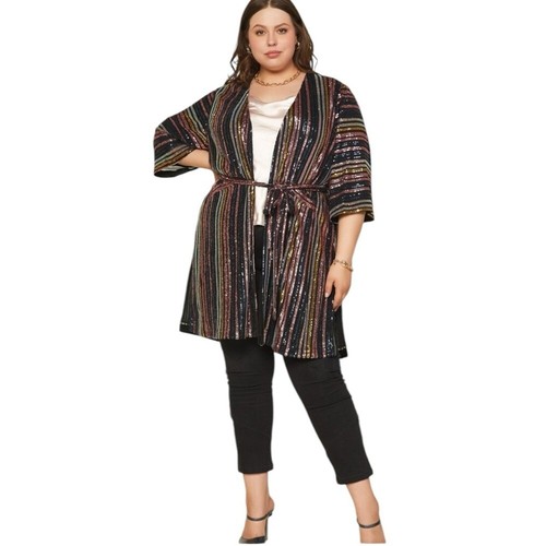 Skies are Blue Sequin Stripe Cardigan Kimono Women's 1X 2X