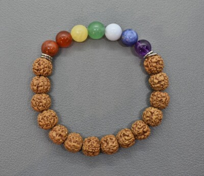 7 CHAKRA KUGELN mit RUDRAKSHA Edelstein-Kugel-Armband-Reiki- 8 mm/19 cm -NEU-#XX
