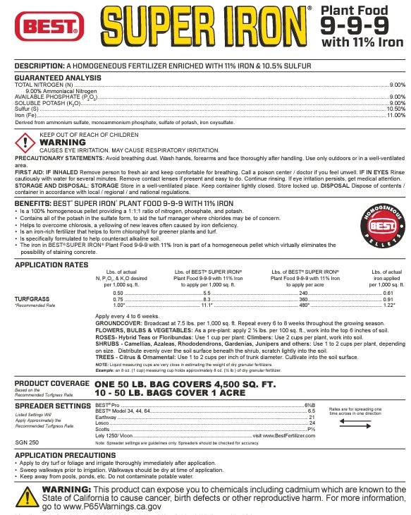 Best Super Iron Plant Food 9-9-9 PRO Fertilizante Fijar Estado clorótico alcalino Foto 3 de 4
