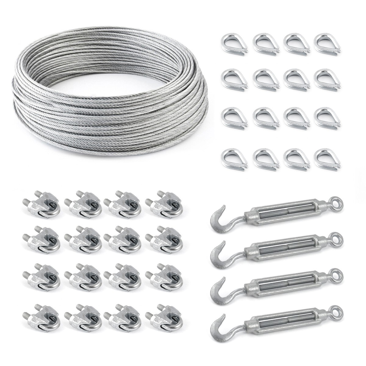SET: Edelstahl Drahtseil 3mm 7x19 5m, Drahtseilklemme Simplex 6 Stk., Kausche 2 Stk. | Edelstahl