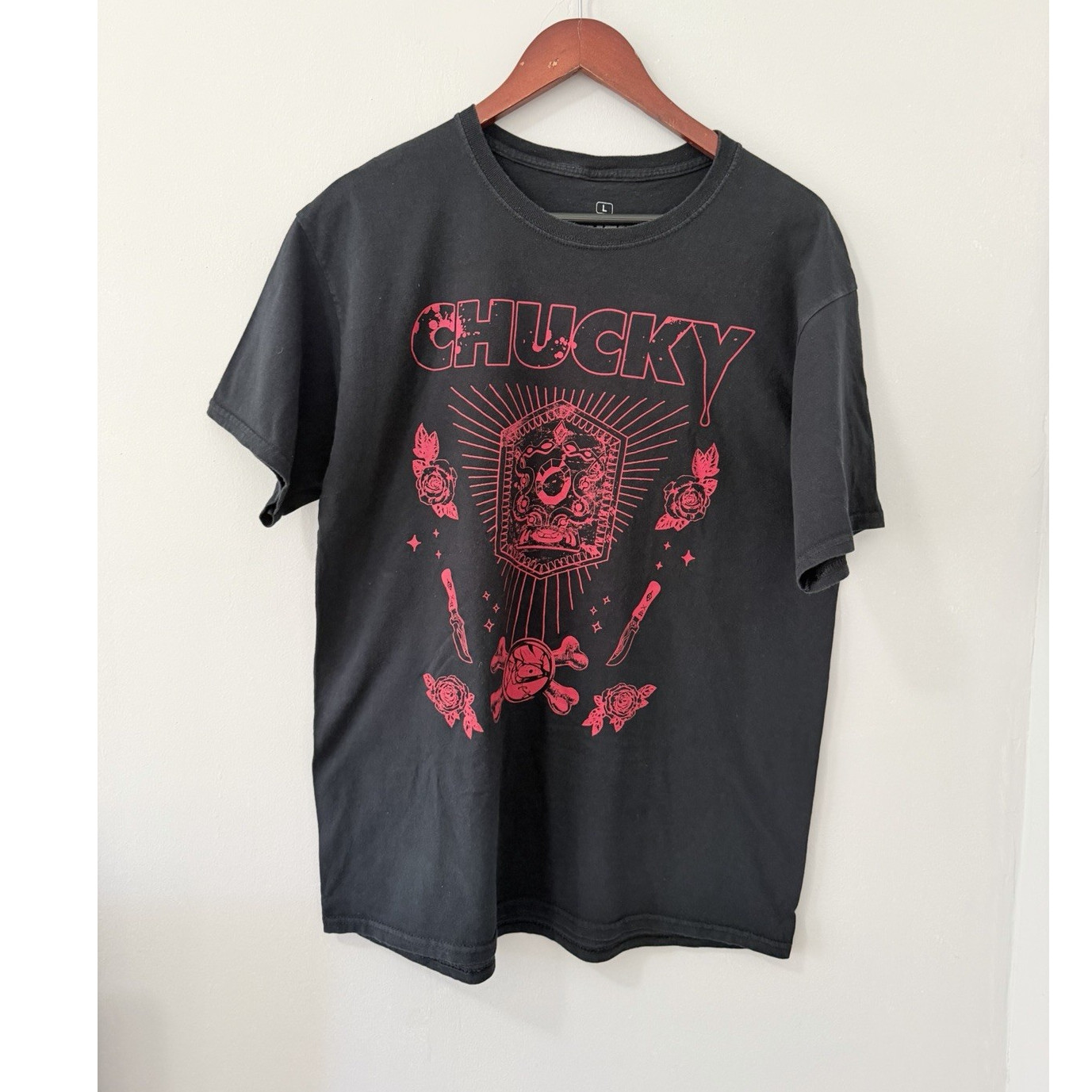 Grateful Dead Chucky Child's Play Horror Graphic T-Shirt Black Crew Neck Size L