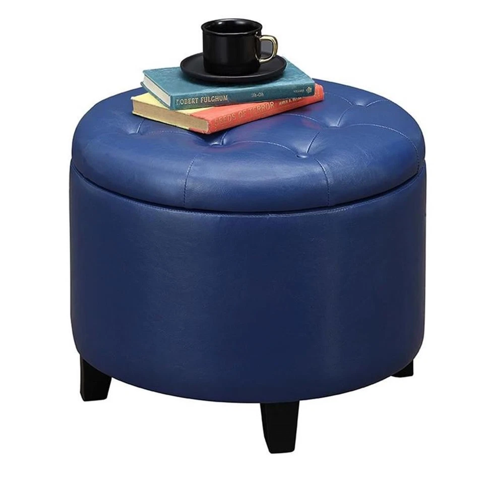 Convenience Concepts Designs4Comfort Round Ottoman Blue Faux Leather - Image 3 of 4
