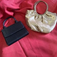Lot of 2 Evening Bags Black Satin Beaded Handle Gold Metallic Handbag
