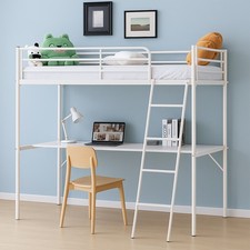 Bunk Single High Sleeper Bed with Gaming Desk Gaming Bed with/Socket/LED- White