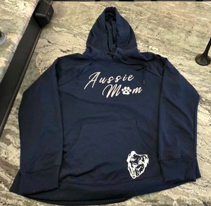 Aussie Mom Hoodie with pockets - Australian Shepherd - Navy & Silver - Sz 16-18
