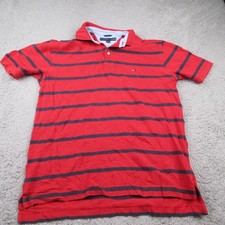 Tommy Hilfiger Polo Shirt Mens Medium Red Navy Striped Short Sleeve Golf Classic
