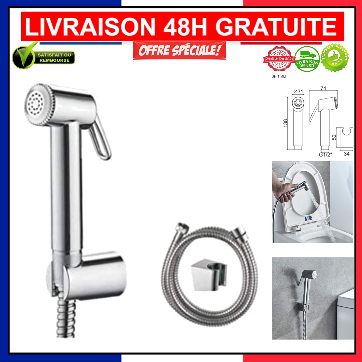 Douchette WC Ibergrif M20282 en Chrome Anti-calcaire à Installation Facile