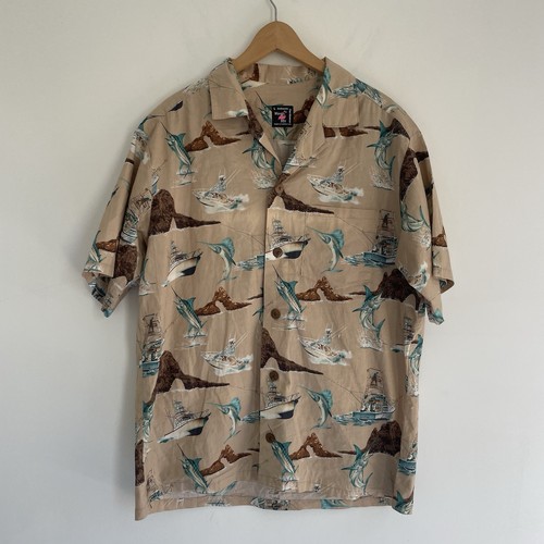 Mango Key Hawaiian Shirt Men’s Sz L Vintage Florida Beige Blue Fishing Marlin