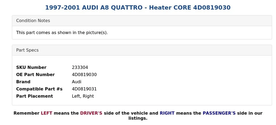 AUDI A8 QUATTRO 1997-2001 - núcleo de calefacción 4D0819030 Foto 4 de 4