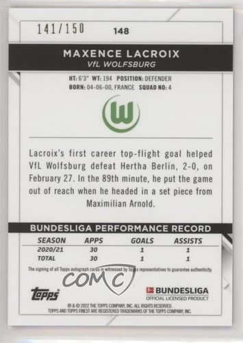 2021 Finest Bundesliga Black Wave Refractor /150 Maxence Lacroix Rookie Auto RC - Picture 2 of 4