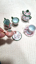 5 Piece Miniature Tea Set Pink Delft Porcelain Teapot Dollhouse