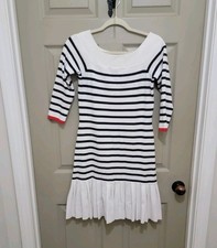 Eliza J Pleated Navy Cream Striped Nautical Navy Sailor Fitted Dress Womens Sz M