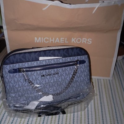 Michael Kors Damen Umhängetasche Canvas Grau/Blau Logo Zip Kette Silber