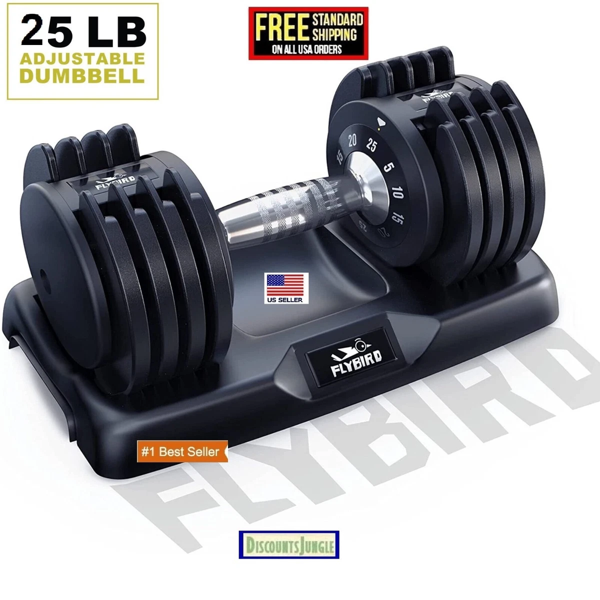 FLYBIRD Adjustable Dumbbell 25 lbs Dumbbell for Men/Women Anti-Slip  Metal-black