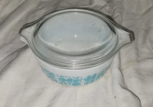 Vintage Pyrex 472 Butterprint Casserole Turquoise White Rooster Amish With Lid