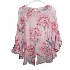 LC Lauren Conrad Blouse Women's Medium Pink Floral Boho Ruffle 3/4 Sleeve Top