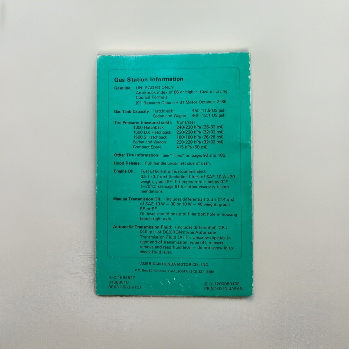 Honda Civic 1984 OEM Owner's Manual Hand-Book Service Repair