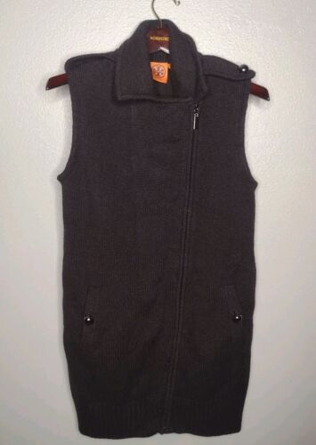 Tory Burch Women's Merino Wool Sweater Vest Small Gray Moto Zip Collar U - Afbeelding 1 van 6