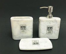 DEVI 3 PC SET WHITE+GRAY GENUINE MARBLE HAND CRAFTED SOAP DISPENSER+DISH+TUMBLER