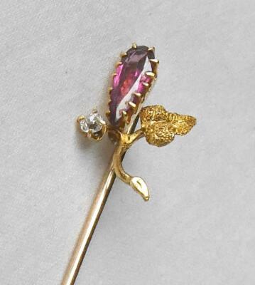 Art Nouveau 18k Gold Pink Tourmaline Mine Cut Diamond Flower Stick Pin Iris??