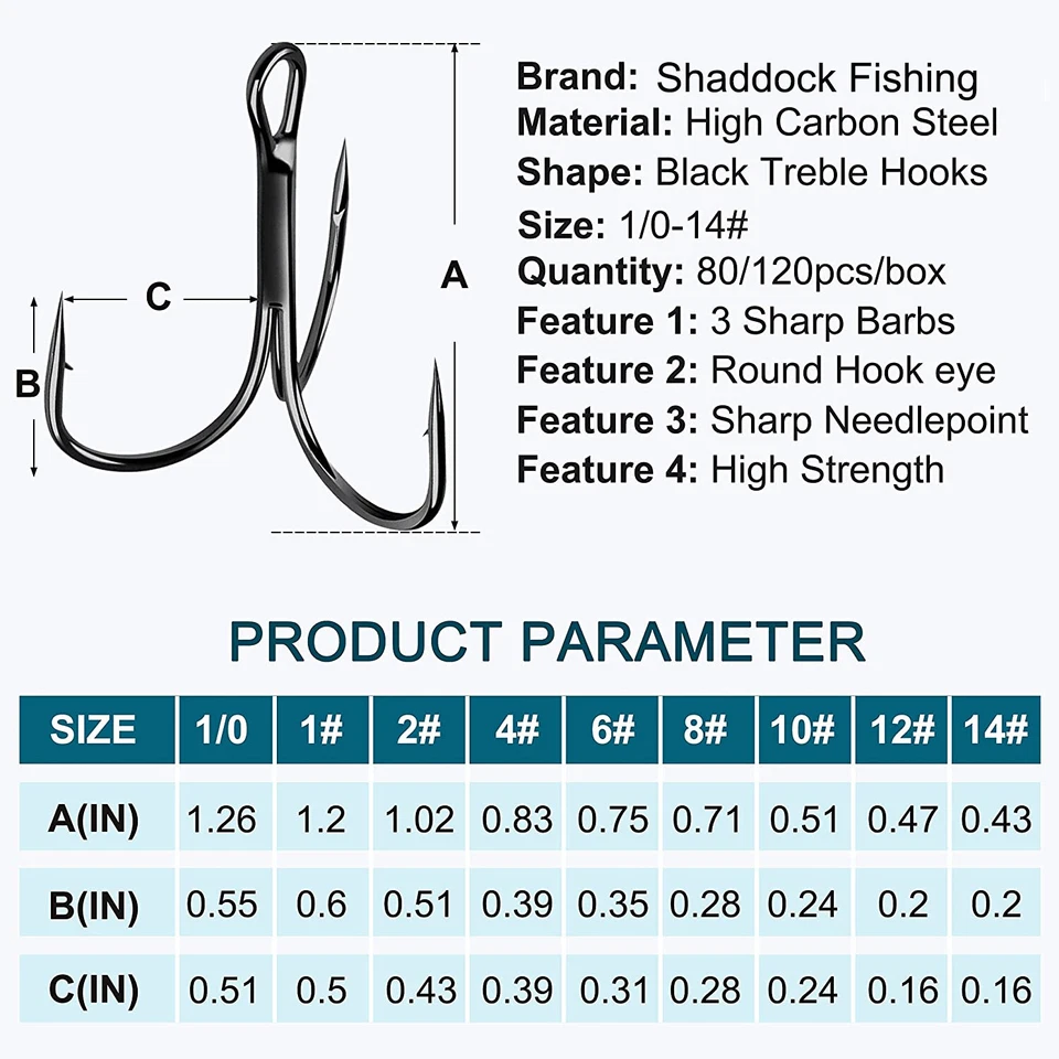 100PCS Black Treble Fishing Hooks High Carbon Treble Hooks Sharp Size #2—#12 - Image 4 of 4