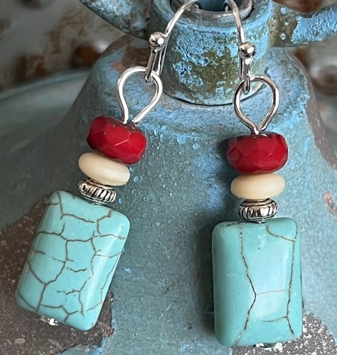 Silver, Turquoise, Ivory and Red Picasso Bead Earrings. - Picture 2 of 3
