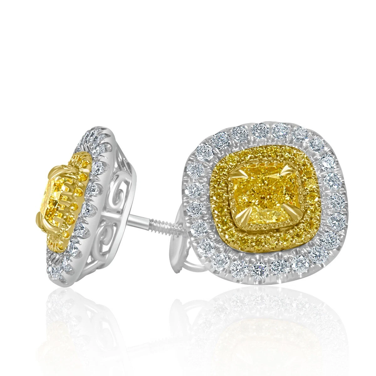 1.73 CT Cushion Natural Fancy Yellow Diamond Stud Earrings 14k