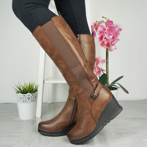 Stivali zeppa scarpe donna elasticizzati plateau zip comodi biker rider foderati donna tg - Foto 20 di 25