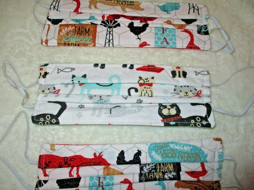 FACE MASKS~Adult Size~Down on the Farm and Cats~3 qty. Handmade~NEW - Foto 4 di 6