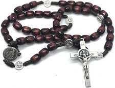 Wooden St Benedict Rosary for Men Handmade Paracord Catholic Necklace With Pouch