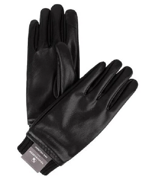 Van Heusen Men's Faux-Leather Fleece-Lined Touchscreen SIZE M/L Black Gloves