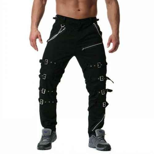 Mens Punk Pants Buckle Strap Zipper 