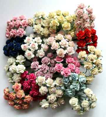 Papierrose 14 mm Kopf 12 oder 8 Stängel Bündel x 7 cm - Karte Basteln Miniatur Blumen